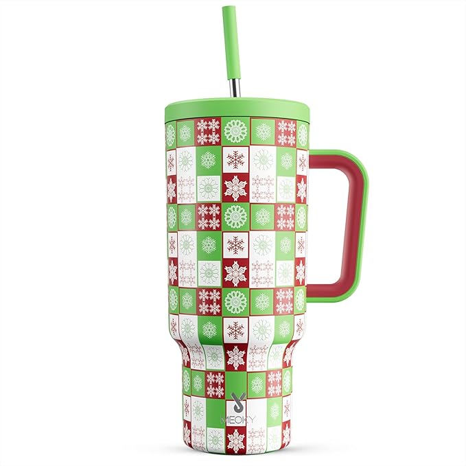 Meoky 40 oz Christmas Tumbler with Handle and Straw, Xmas Tumbler with Lid and Straw, Insulated Stainless Steel Travel Mug, Christmas Gifts for Women Men Adults (Holly Check) - Bloomnest