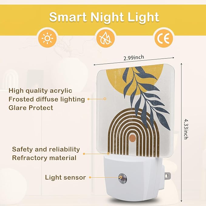 Boho Sun Leaves Night Light,Plug in Night Light, Dusk to Dawn Sensor Nightlights for Stairway/Hallway/Kitchen/Bedroom/Bathroom 0.5W - Bloomnest