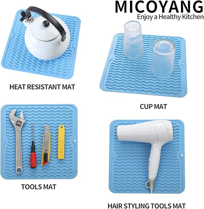 Silicone Dish Drying Mat for Multiple Usage,Easy clean,Eco-friendly,Heat-resistant Silicone Mat for Kitchen Counter or Sink,Refrigerator or Drawer liner Light Blue M 12 inches x 12 inches - Bloomnest