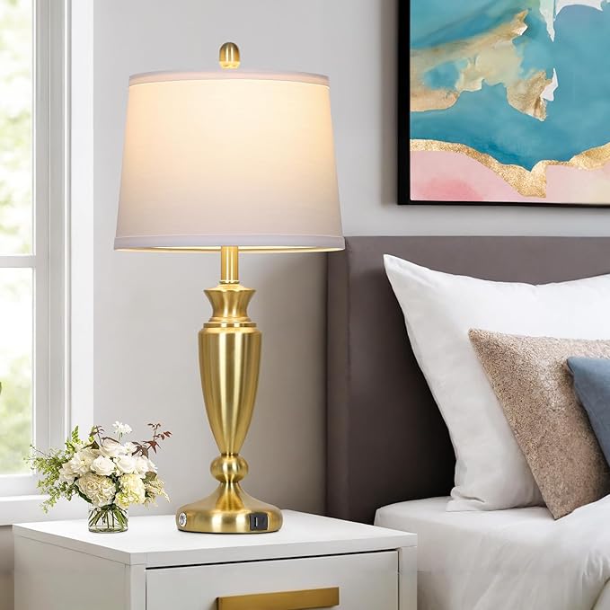 27'' Gold Table Lamps for Living Room with White Lampshade, 3 Way Touch Control Bedside Lamps Set of 2 with USB A+C Ports, Modern Metal Nightstand Lamp for Bedroom Office End Table - Bloomnest