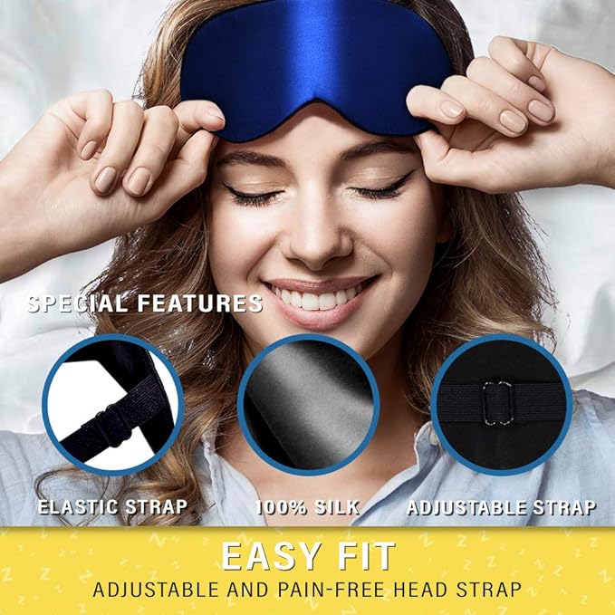 Silk Sleep Eye Mask for Men Women, Comfortable Super Soft Eye Mask with Adjustable Strap, 100% Pure Silk, Blocks Light, Jersey Slumber (Blue, 1 Count (Pack of 1)) - Bloomnest