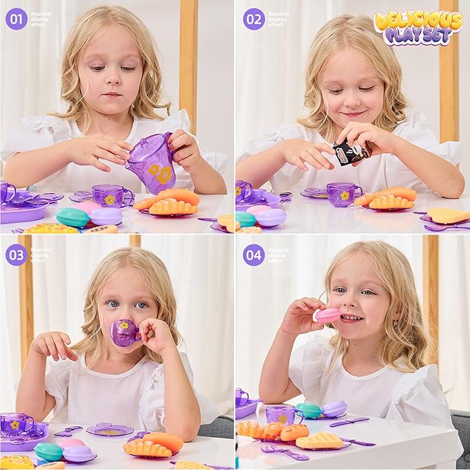Tea Party Set for Little Girls, Pretend Dessert Food Set for Kids Age 3 4 5 6 7 8 9, Kids Kitchen Pretend Play Dessert Set for Girls Princess Boys (Purple) - Bloomnest