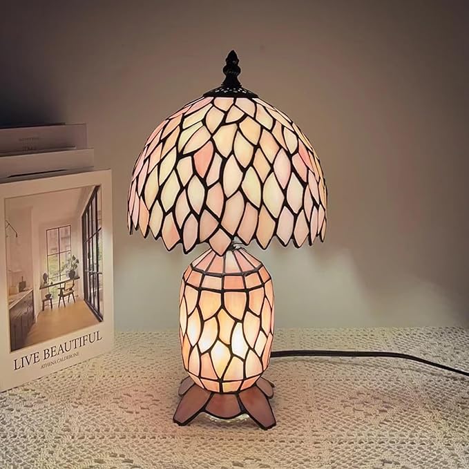 Small Tiffany Lamp Stained Glass Table Lamp Mini Mother Daughter Vase Desk Accent Night Light for Bedroom Bedside Reading Home Antique Style 8X14 Inches (Pink Wisteria) - Bloomnest