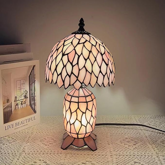 Small Tiffany Lamp Stained Glass Table Lamp Mini Mother Daughter Vase Desk Accent Night Light for Bedroom Bedside Reading Home Antique Style 8X14 Inches (Pink Wisteria) - Bloomnest