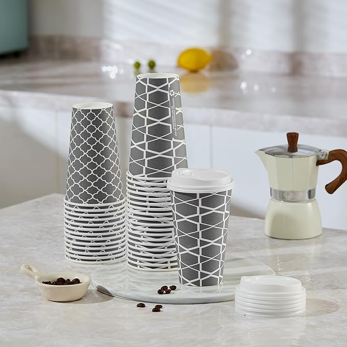 JOLLY PARTY Disposable Coffee Cups with Lids -16 oz (100 Sets) To Go Cups, Paper Coffee Cups for Beverages Espresso Tea, Suitable for Cafes, Offices and Home - Bloomnest
