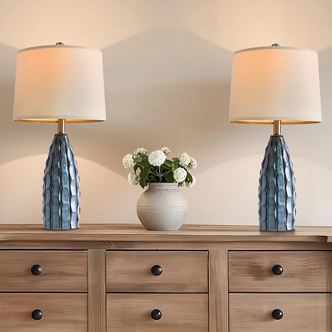 Ceramic Table Lamps Set of 2, 23.75" Modern Farmhouse Bedside Lamp - Blue Nightstand Lamps for Bedroom, Boho Living Room End Tables, Small Office Desk Lamp Decor - Bloomnest