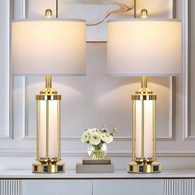 Modern Table Lamps, Gold 27" Industrial Table Lamp Set of 2 with USB A+C Charging Ports & AC Outlet, Farmhouse Rustic Beside Lamp for Living Room Bedroom Office End Table(4 LED Bulbs Included) - Bloomnest