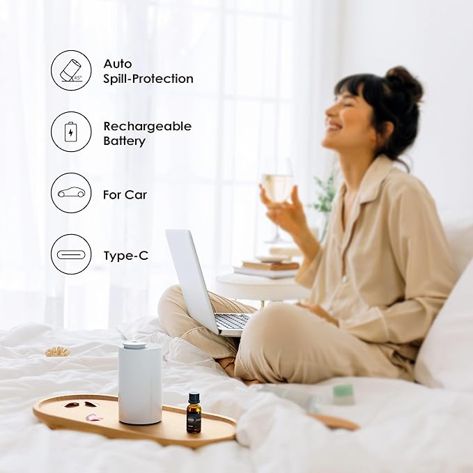 Airversa Waterless Diffuser for Essential Oil, Battery Operated Nebulizer, 0.7 Fl.Oz./ 20mL Capacity, Mini Scent Air Machine, 3 Countdown Timers & 3 Mist Levels for Home, Room, Car, Office - AN6 White - Bloomnest