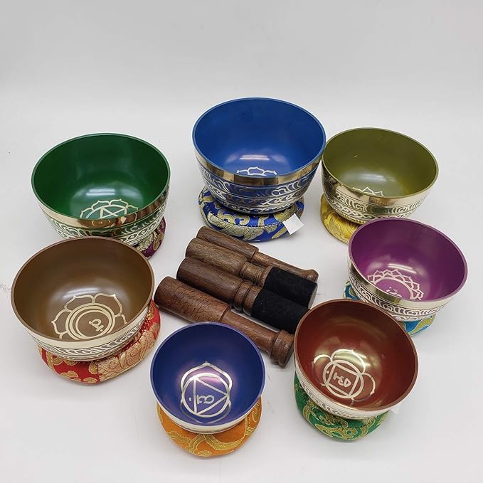 Khusi Tibetan Singing Bowl Set of 7, Handmade, 7 Colors, Chakra Healing, Relaxation, Stress Relief, Comes with Silk Cushions, 4 Sticks and Brocade Box Khusi+Inc
