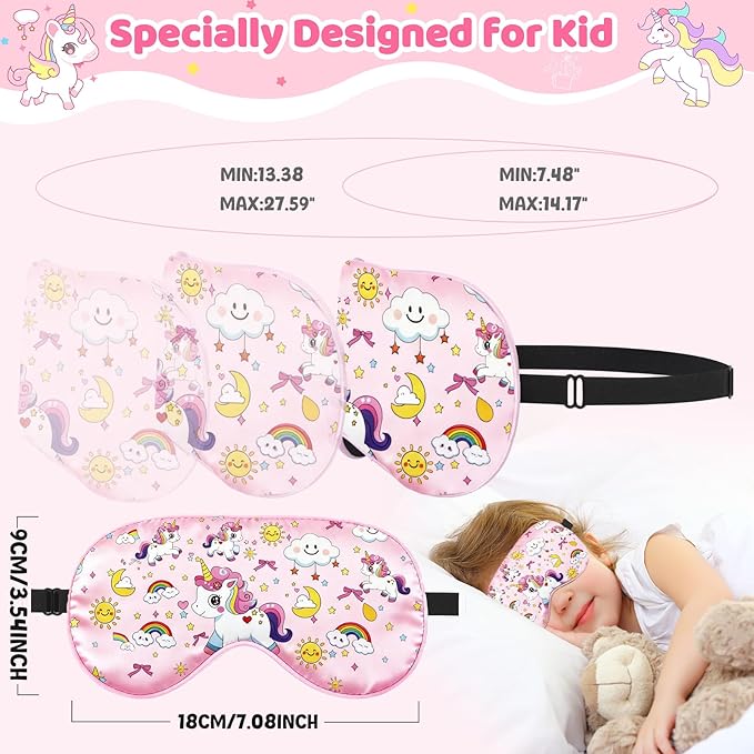 2 Pcs Sleep Mask for Kids Girls, Silk Eye Covers for Sleeping, Adjustable Strap & Light Blocking Design, Children's Bedtime Blindfold for Travel and Home Use (Rainbow Unicorn) - Bloomnest