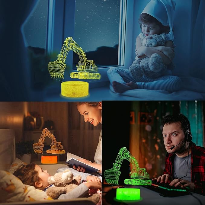 Excavator 3D Illusion Lamp for Kids, Excavator Night Light, Construction Vehicle Gifts with RGB 16 Colors Changing, Remote Control, Dimmable, Kids Room Decoration, Xmas Gifts - Bloomnest
