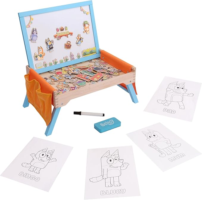 Bluey Art Creation Kids Art Station with 100 Magnets & Whiteboard Lid, Foldable Legs, Art Table for Kids, Storage Pockets - Bloomnest