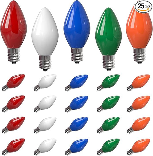 SUNSGNE Christmas Replacement Light Bulbs, C7 LED Ceramic Glass Multicolor Christmas Bulbs, 25 Pack, C7/E12 Candelabra Base, 0.6 Watt - Bloomnest
