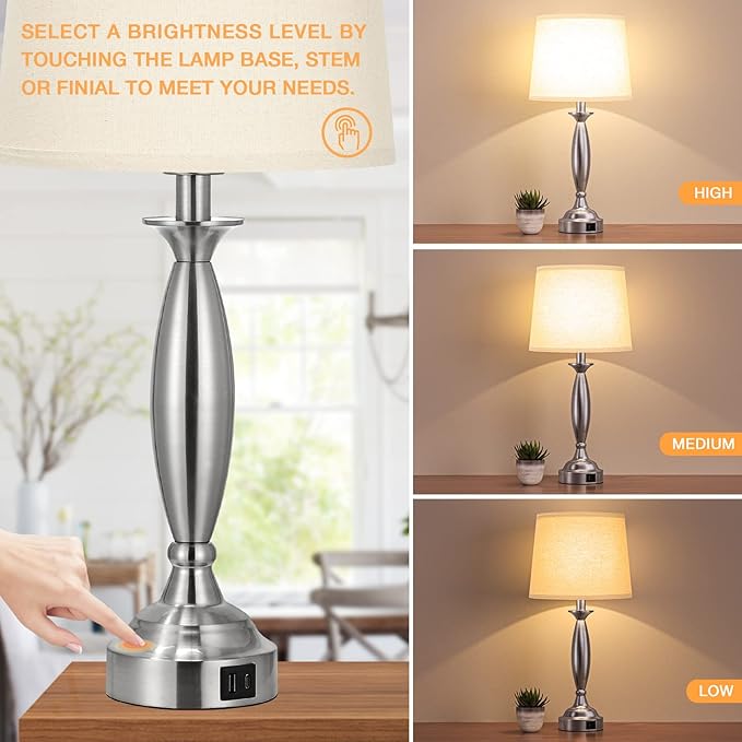 Beige Lamps for Bedrooms Set of 2 - Touch Control Bedside Lamp with USB C+A, 3 Way Dimmable Nightstand Lamps with USB Port, Table Lamp for Living Room(Beige Shade and Nickel Base) - Bloomnest