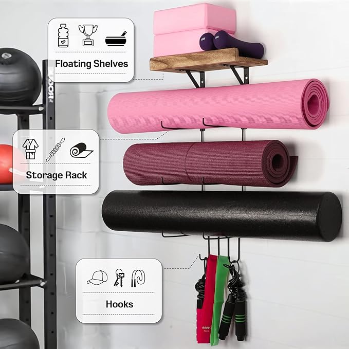 Bikoney Yoga Mat Holder Wall Mount Yoga Mat Storage Home Gym Accessories with Wood Floating Shelves and 4 Hooks for Hanging Foam Roller and Resistance Bands Fitness Home Gym Carbonized Black