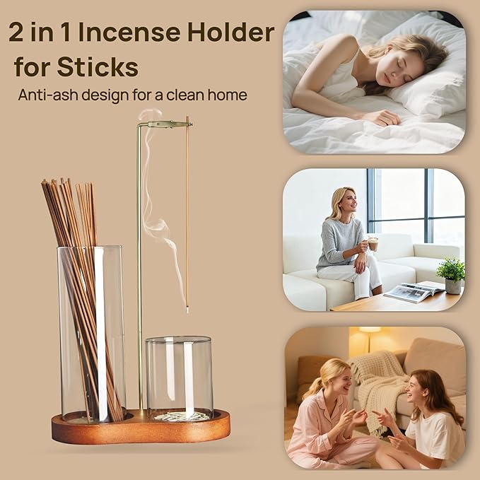 2 in 1 Incense Holder for Sticks with Glass Ash Catcher, Anti-ash Incense Burner for Yoga Meditation Spa Room Decor, Includes Ash Brush
