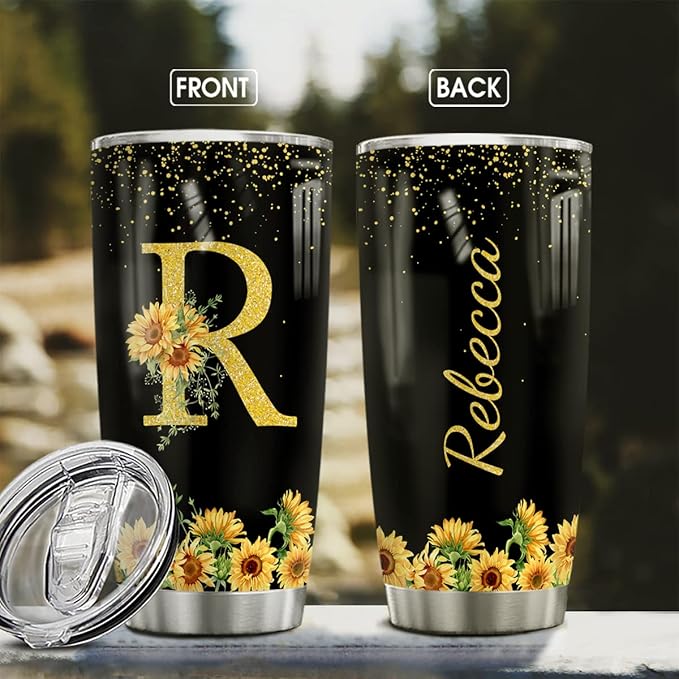 wowcugi Initial Tumbler Personalized Cups With Names Monogrammed Letter Stainless Steel Insulated Tumblers Coffee Travel Mug 20oz 30oz Birthday Christmas Sunflower Gifts For Women - Bloomnest