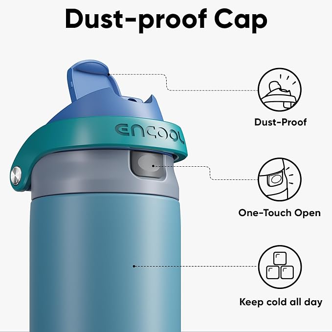 ENCOOL Leakproof Insulated Water Bottle with Straw Dual-Sip Water Bottle Bag-Safe Design for Work, Commute & Gym – Keeps Drinks Cold All Day, 18 oz, Teal Blue ENCOOL