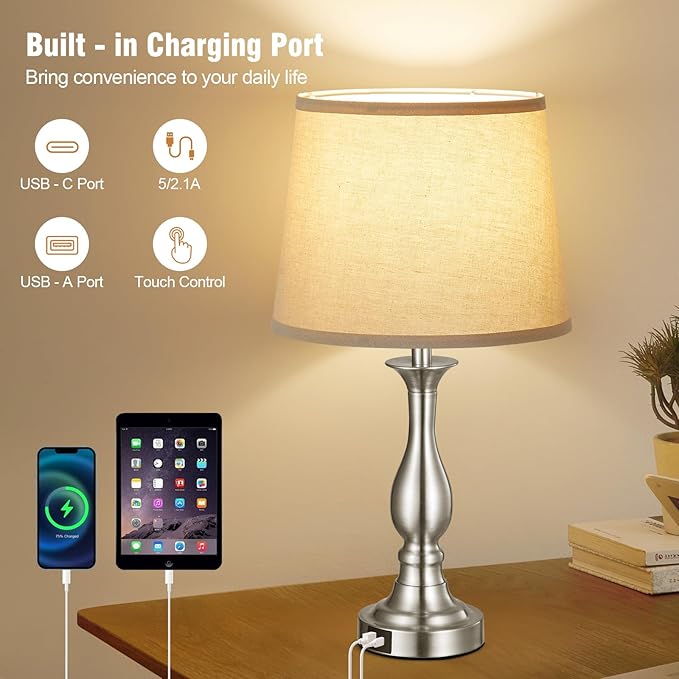 Bedside Table Lamp Touch Control Bedroom Lamps with USB A and C Charging Port 3 Way Dimmable Touch Lamps for Nightstand Living Room Bedroom Dorm Home Office Reading, Set of 2 - Bloomnest