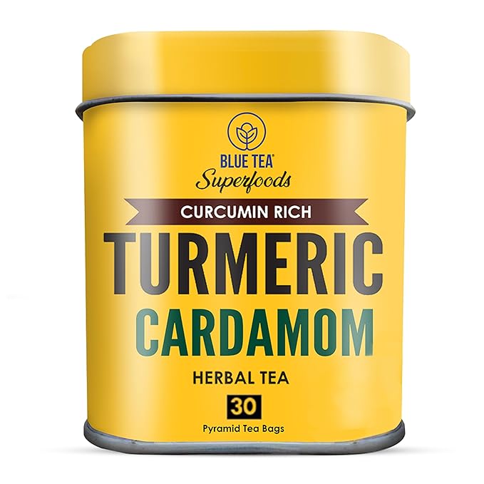 BLUE TEA - Turmeric Tea - Cardamom - 30 Count - Praymid Plant Based Tea Bag | Black Deals Friday 2025 | CURCUMIN RICH - HERBAL BLEND | Herbal Tea - Caffeine Free - Gluten Free - Earthy Flavor | Reusable Tin Pack - Bloomnest