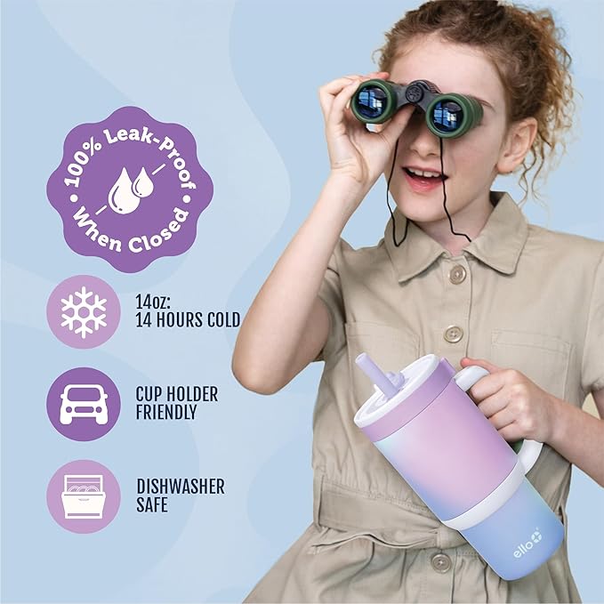 Ello Oasis 14oz Stainless Steel Toddler Tumbler with Handle & Retracting Straw, 100% Leakproof, Double-Wall Vacuum Insulated, Kids Water Bottle for School, BPA Free, Dishwasher Safe, Purple Swirl - Bloomnest