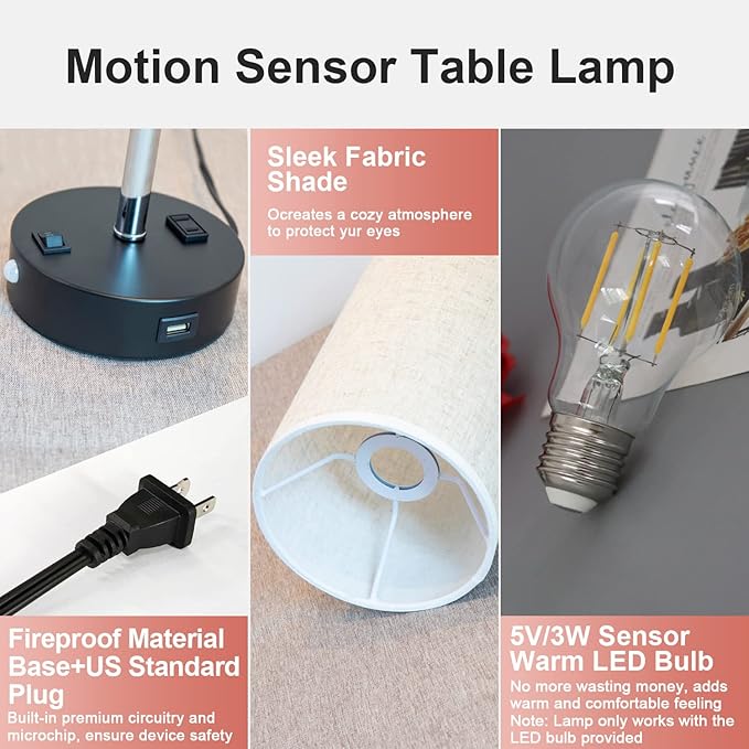 Table Lamp with Motion Sensor and Constant on Mode, USB Lamp Include Warm White Bulb, Built in USB Port & AC Outlet, Bedside Lamp Idea for Bedroom Retro Cream - Bloomnest