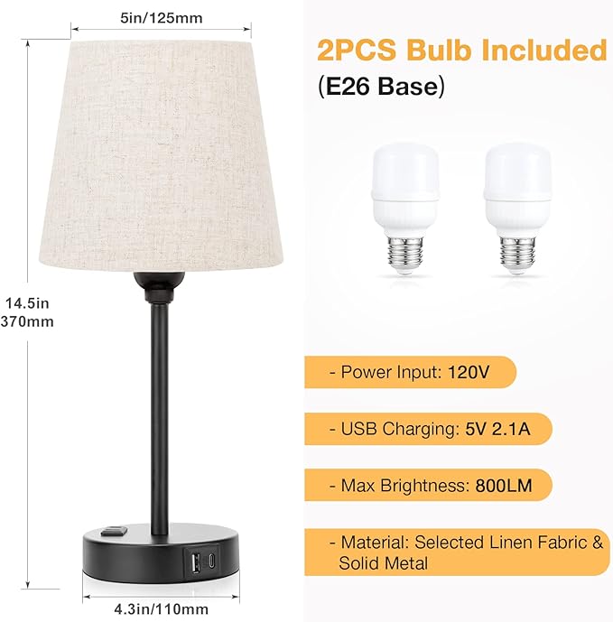 Mini Bedside Lamps for Bedrooms Set of 2 - Nightstand Bedroom Lamps with USB C Port and AC Outlet Charging, Dimmable Touch Small Bed Side Table Lamp, Black Night Stand Light for Kids/Guest Room - Bloomnest