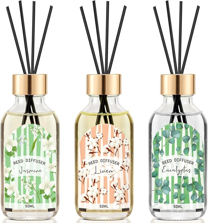 Reed Diffuser of 3 Pack, Linen Eucalyptus Jasmine Oil Diffuser Set with 15 Sticks, Bathroom Air Freshener, Aromatherapy Reed Diffusers for Home, Office, 1.7 Fl. Oz Each, Total 5.1 Fl. Oz - Bloomnest