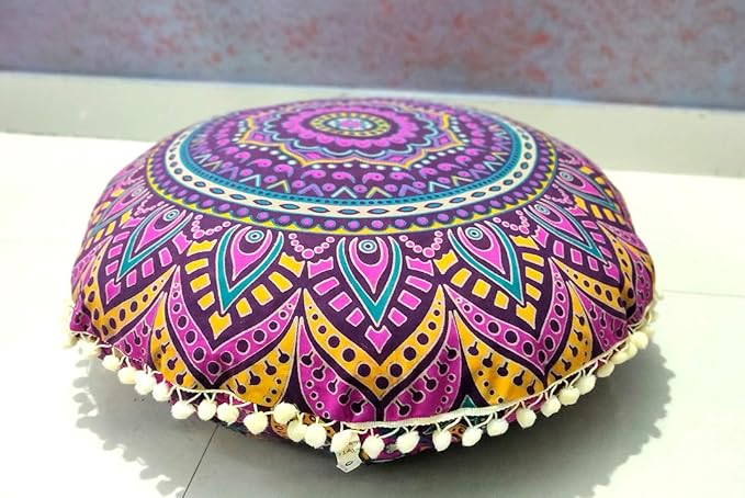 INDIAN CRAFT CASTLE New Pink Ombre 24" Mandala Barmeri Large Floor Pillow Cover Cushion Meditation Seating Ottoman Throw Cover Hippie Decorative Zipped Bohemian Pouf Ottoman Pom Pom Cases 24" Round - Bloomnest