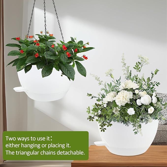 WOUSIWER Self Watering Hanging Planters, 2 Pack 12'' Plastic Pots with Drainage Holes & Reservoir Tray (White) | Indoor & Outdoor Use for Ferns, Ivy, Herbs, Succulents - Bloomnest