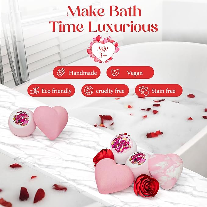 Valentines Bath Bombs Shower Steamers: Handmade Natural Bath Balls with Surprise for Women Gift Set - Relaxing Bubble Bathbombs Scented Rose Hearts Flower Romantic Birthday for Girls Kids Mom - Bloomnest