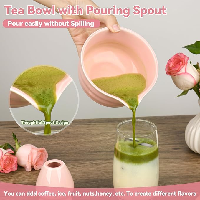 Pink Matcha Whisk Set - Ceramic Matcha Making Kit with Bamboo Whisk, Scoop, Bowl, Ceramic Holder & Sifter –5 PCS Handcrafted Elegant Japanese Tea Ceremony Tools Gift for Matcha Lovers - Bloomnest