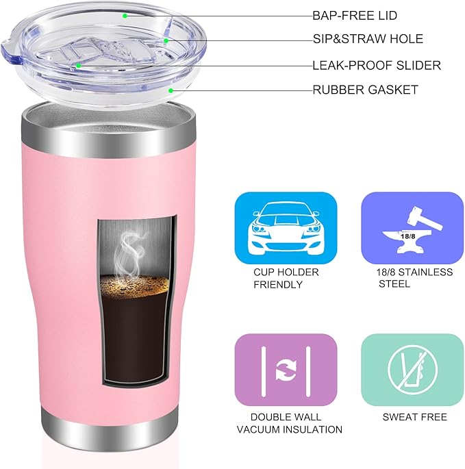 VEGOND 20oz Tumbler Stainless Steel Tumbler Cup with Lid And Straw Vacuum Insulated Double Wall Travel Coffee Mug(Pink 1 Pack) - Bloomnest