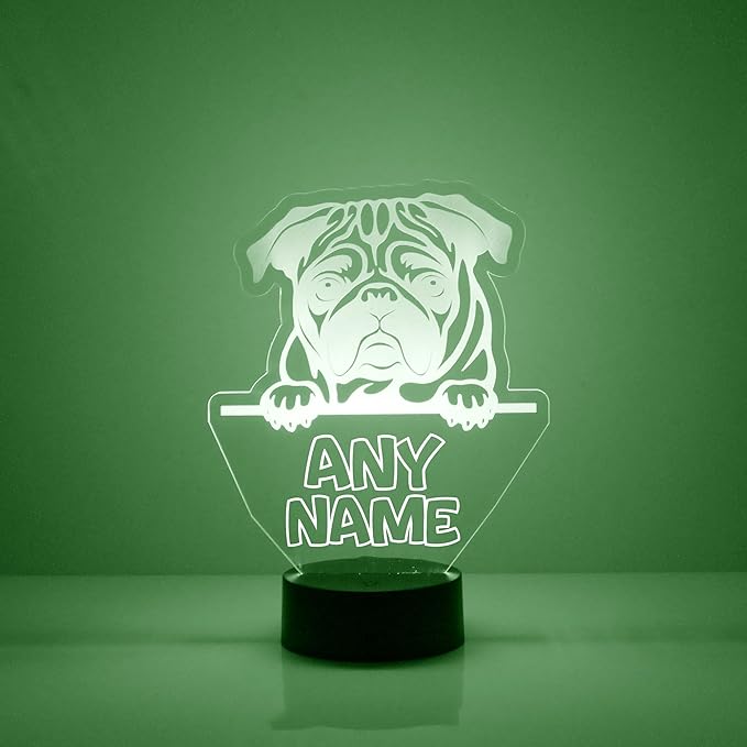 Dog LED Light for Dog Lovers, Custom Engraved with Your Name or Text, Includes Remote with 16 Colors (Pug Puppy) - Bloomnest