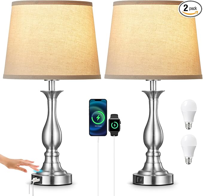 Bedside Table Lamp Touch Control Bedroom Lamps with USB A and C Charging Port 3 Way Dimmable Touch Lamps for Nightstand Living Room Bedroom Dorm Home Office Reading, Set of 2 - Bloomnest