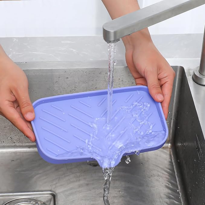 Silicone Bathroom Soap Dishes with Drain Spout-Bathroom and Kitchen Sink Organizer,Sponge Holder,Dish Soap Tray,Perfect for Dispenser,Scrubber,Bottle on Sink or Counter-Light Purple 9.6"×5.3" - Bloomnest