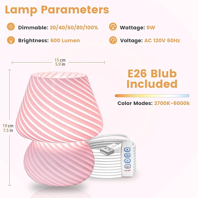 Dorm USB Plug-in Mushroom Lamp Small Bedside Table Lamp with 3 Temperature LED Bulb, Free Dimming Nights Light for Bedroom/Living Room/Entryway/Corner/Table Decor (Stripe Pink) - Bloomnest