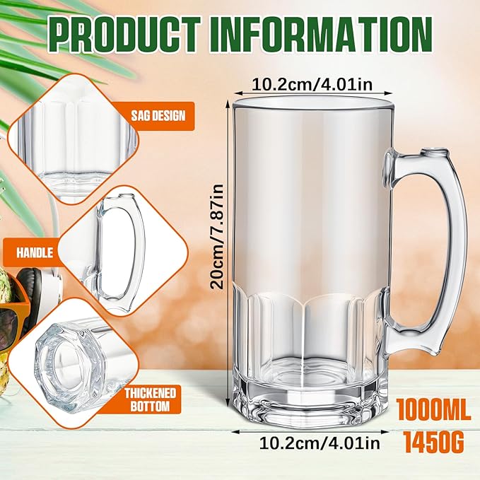 Set of 4 34 oz Extra Large Beer Mugs with Handles Glass German Clear Tall Heavy Beer Cups Steins Mugs Pint Weizen Glasses for Freezer Coffee Drinking Tea Water Cocktail Alcohol Beverages Pub - Bloomnest