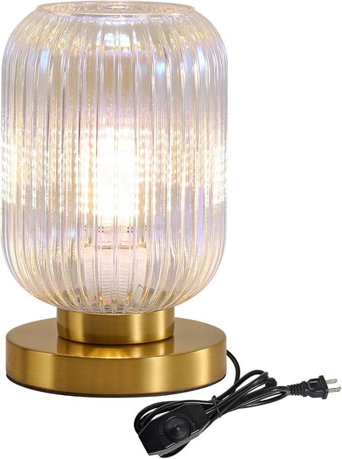 Dimmable Colorful Glass Table Lamp: Mid Century Modern Nightstand Light With Stained Shade - Small Decorative Brass Desk Lamp - Ribbed Glass Bedside Tables Lamps for Bedroom Living Room Bulb Excluded - Bloomnest