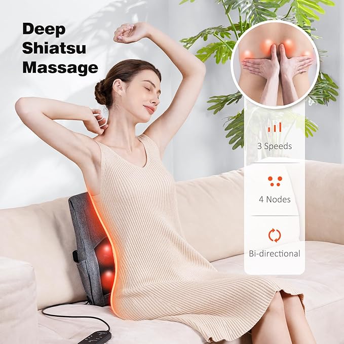 Boriwat Back Massager with Heat, Neck Massager for Pain Relief Deep Tissue, 3D Kneading Massage Pillow for Back, Neck, Shoulder, Legs, Gifts for Women Men Mom Dad - Bloomnest