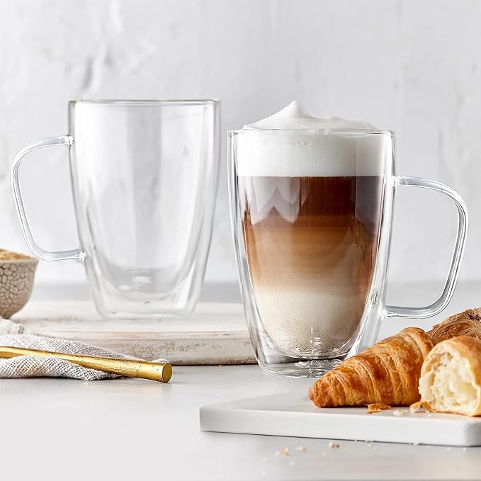 Joeyan Large Clear Double Walled Glass Coffee Mugs 16 oz, Double Layer Tea Latte Cappuccino Glasses Cups with Handle, Double Lined Insulated High Borosilicate Glassware for Hot Drinks, Set of 2 - Bloomnest