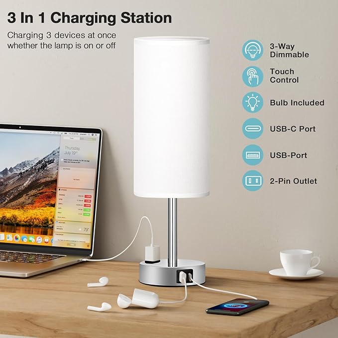 Fenmzee White Touch Bedroom Table Lamp - 3 Way Dimmable Bedside Lamp USB C A Charging Ports and AC Outlet, Small Lamp Nightstand with Silver Base for Living Room, Office Desk, LED Bulb Included - Bloomnest