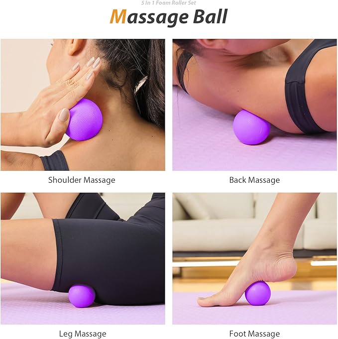 5 in 1 Foam Roller Set - Trigger Point Foam Back Roller, Muscle Roller Stick, Massage Ball, Stretching Band for Deep Muscle Massage Pilates Yoga,Fitness Exercise for Whole Body Release (Purple) - Bloomnest