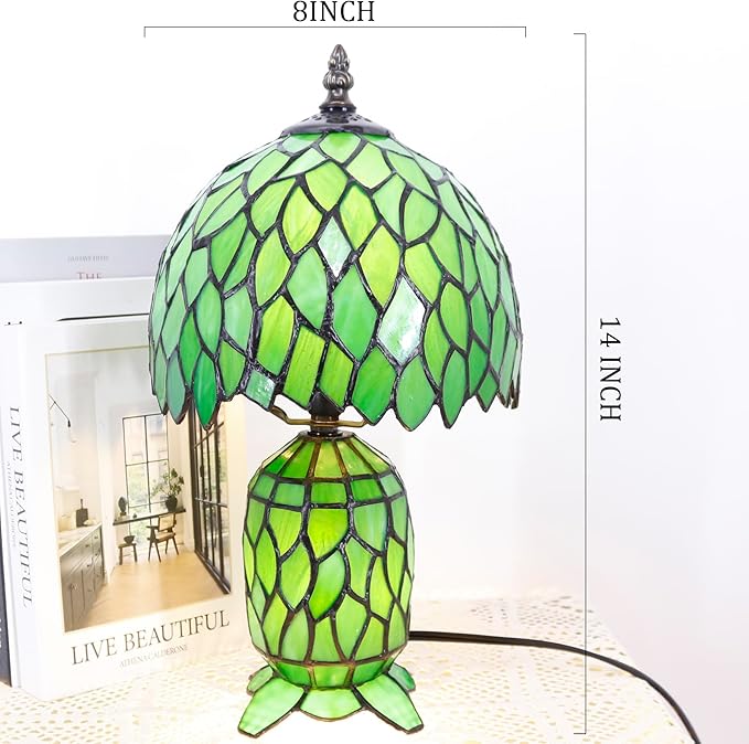 Small Tiffany Lamp Stained Glass Table Lamp Mini Mother Daughter Vase Desk Accent Night Light for Bedroom Bedside Reading Home Antique Style 8X14 Inches (Green Wisteria) - Bloomnest