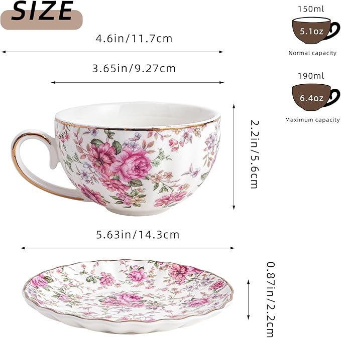 Tea Cup and Saucers, 6.4oz Floral Tea Cups with Gold Trim, Porcelain Teacup, Coffee Cappuccino Espresso Latte Mugs for Party Birthday,Party Cafe Home, Christmas Gift (White) - Bloomnest