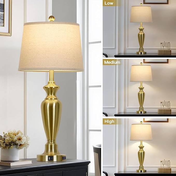 30" Tall Gold Table Lamp for Living Room, 3-Way Dimmable Touch Control Bedside Lamp for Bedroom Nightstand with USB A+C Ports & AC Outlet (1 Pack) - Bloomnest