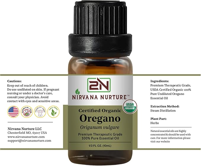 Oregano Essential Oil, USDA Certified Organic, 100% Pure Undiluted, Aromatherapy Oil for Diffuser, Hair & Skin Care NirvanaNurture