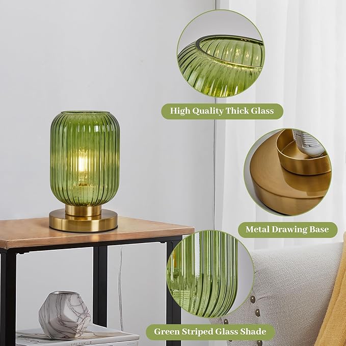 Glass Table Lamps Mid Century Modern Globe, Dimmable Green Table Lamp for Nightstand, Small Gold Table Lamp, Green Pumpkin Design Ribbed Glass Vintage Bedside Lamp for Bedroom Living Room Office - Bloomnest