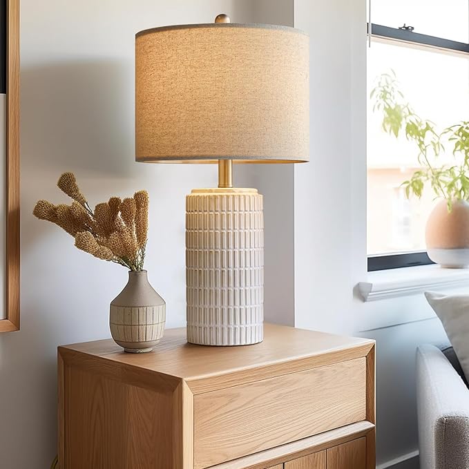 PoKat 23" Modern Ceramic Table Lamp Set of 2 for Living Room White Desk Lamps for Bedroom Farmhouse Bedside Nightstand Bedside Lamp End Table Lamps Beige - Bloomnest