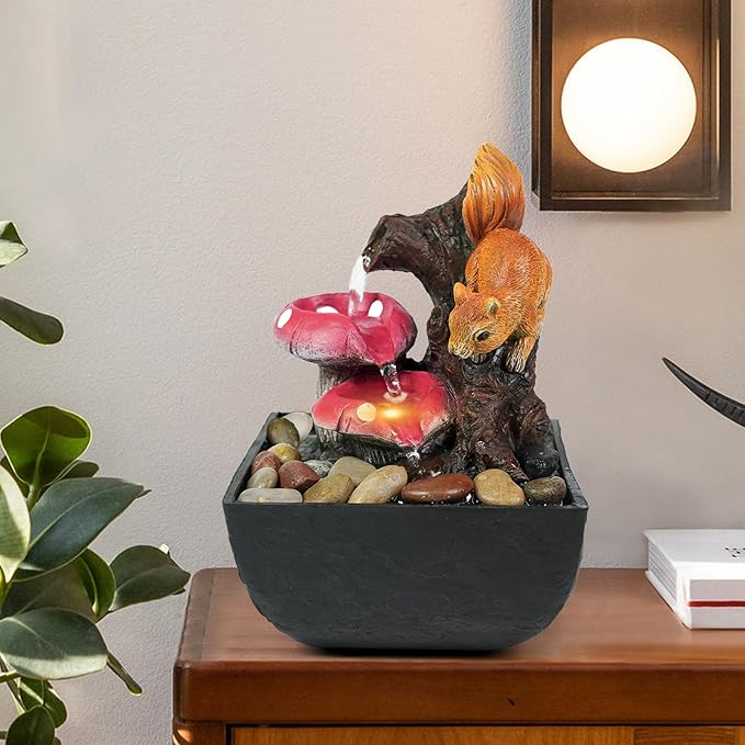 Ferrisland Tabletop Water Fountain Indoor - 3 Tiered Waterfall Fountain Indoor Desktop Water Feature with Light Squirrels Animal Sculpture Relaxation Fountains for Office Home Decor, Gift Idea - Bloomnest